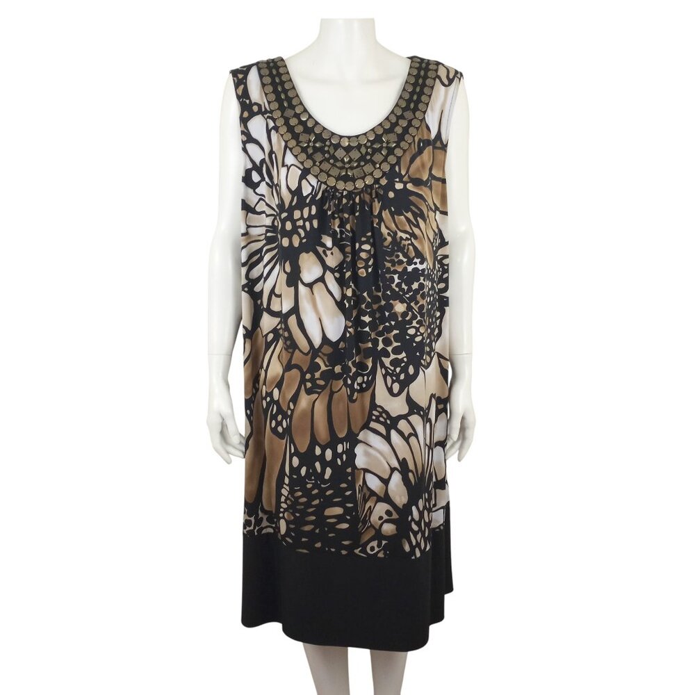 Sandra Darren Tan Black Floral Print Embellished Sleeveless Shift Dress